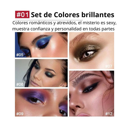 🎁Gran oferta de Maquillaje🎁 Juego de lápices de ojos 12 colores impermeables de larga duración con brillo y sombra de ojos