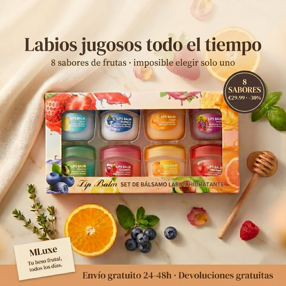 Labios jugosos a todas horas.    8 sabores de fruta de verdad.