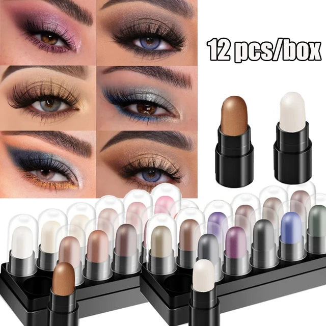 🎁Gran oferta de Maquillaje🎁 Juego de lápices de ojos 12 colores impermeables de larga duración con brillo y sombra de ojos